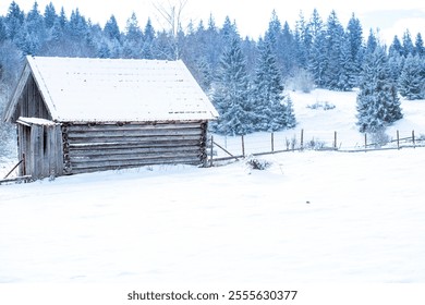 A wooden cabin with a snow-covered roof in a serene winter landscape, surrounded by frosted evergreen trees and a snowy field, evoking rustic charm and tranquility. - Powered by Shutterstock