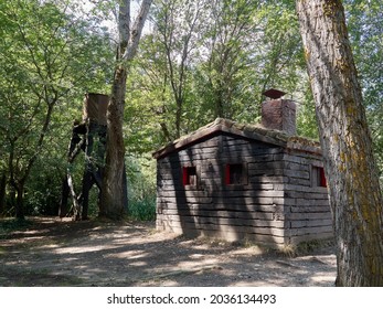 Wooden cabin that in the past was used as a sauna in El Potario, a Finnish Forest in Rascafría, a small town in Sierra de Guadarrama, Madrid, Spain