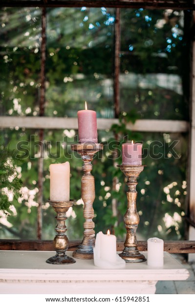 Wooden Candle Holders Gold Color Burning Stock Photo Edit Now