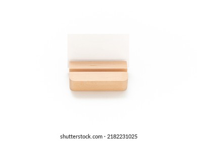 Wooden Card Holder Isolated On White Background. Wood Surface. Minimalist Object. Stationery. Simplicity. Workspace. Equipment.