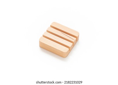 Wooden Card Holder Isolated On White Background. Wood Surface. Minimalist Object. Stationery. Simplicity. Workspace. Equipment.