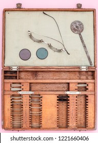 A Wooden Case Of  Old Trial Lenses Set For A Phoropter Used For Eye Exam , Circa 1940, Top View