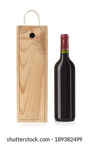 Wooden case with wine bottle isolated on white 