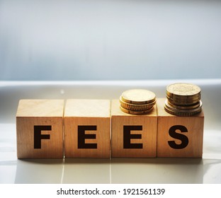 Wooden cbes with fees word and coins on gray background. Taxes and fees business concept.