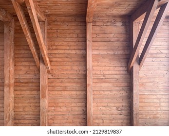 Wooden Ceiling Design Architecture. Wooden Beams Rafters Girders. Wooden Columns. Ceiling Frame. Logs