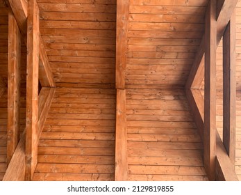 Wooden Ceiling Design Architecture. Wooden Beams Rafters Girders. Wooden Columns. Ceiling Frame. Logs