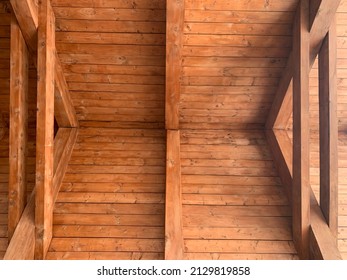 Wooden Ceiling Design Architecture. Wooden Beams Rafters Girders. Wooden Columns. Ceiling Frame. Logs