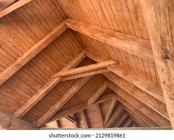 Wooden Ceiling Design Architecture. Wooden Beams Rafters Girders. Wooden Columns. Ceiling Frame. Logs