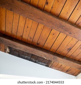 Wooden Ceiling Design Architecture. Wooden Beams Rafters Girders. Wooden Columns. Ceiling Frame. Logs