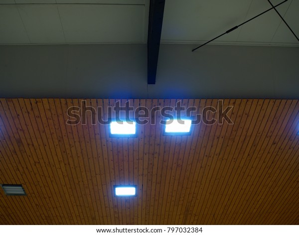 Wooden Ceiling Lighting Panels Fluorescent Lamps Stock Photo Edit