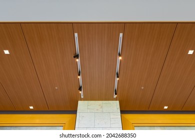 Wooden ceiling with spotlights and downlights