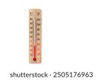 Wooden celsius and fahrenheit scale thermometer isolated on white background. Ambient temperature minus 8 degrees celsius