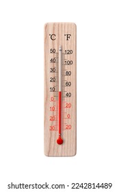 Wooden celsius and fahrenheit scale thermometer isolated on a white background. Ambient temperature plus 10 degrees - Shutterstock ID 2242814489