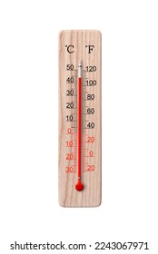 Wooden celsius and fahrenheit scale thermometer isolated on a white background. Ambient temperature plus 44 degrees - Shutterstock ID 2243067971