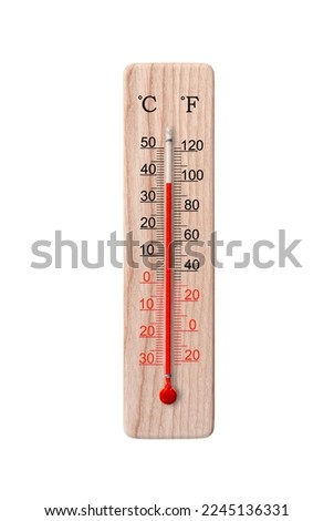Wooden celsius and fahrenheit scale thermometer isolated on a white background. Ambient temperature plus 37 degrees