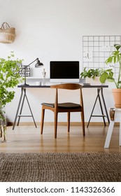 Wooden Chair At Desk With Lamp And Desktop Computer In Home Office Interior With Plants. Real Photo