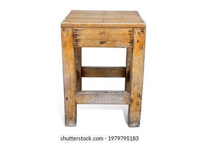 Wooden Chair Isolated On White Background. Single Small Vintage Wood Stool With Stained. Rustic Antique Four Legs Wooden Chair On Floor. Classic Wood Furniture Object With Clipping Path