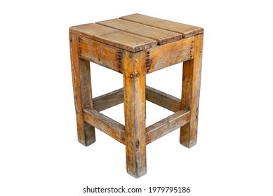 Wooden Chair Isolated On White Background. Single Small Vintage Wood Stool With Stained. Rustic Antique Four Legs Wooden Chair On Floor. Classic Wood Furniture Object With Clipping Path