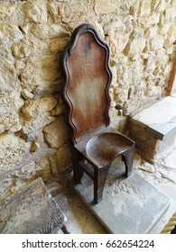 A Wooden Chair In Throne Room(ceremonial & Religious Purposes), Archaeological Site Of Knossos Palace, Heraklion City, Crete Island, Aegean Sea, Greek, Greece. Photo Taken On May 2014.