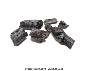 Wooden Charcoal, Burnt Wood Isolated On White Background, Selective Focus