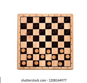 wooden checkerboard with checkers spaced isolated on white - Shutterstock ID 1208144977