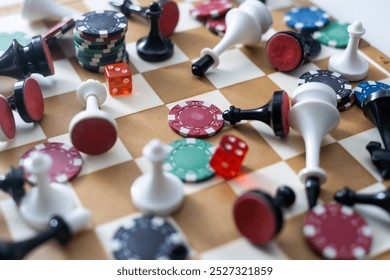 Wooden checkers, chess pieces, playing cards, board games on a light table close up. - Powered by Shutterstock