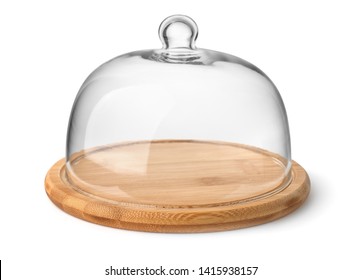 Wooden Cheese Board And Glass Dome Isolated On White