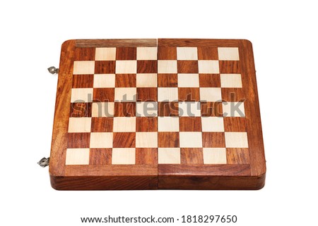 wooden chessboard with figures in light and dark brown tones, isolate on a white background