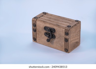 wooden chest close-up, wooden needle box, white background