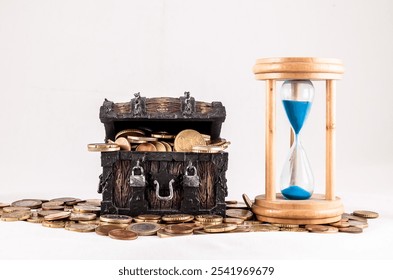 A wooden chest filled with gold coins and a blue hourglass. The chest is overflowing with gold coins of various sizes and shapes, while the hourglass is empty - Powered by Shutterstock