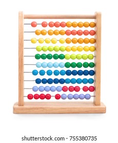 Wooden child abacus isolated on white background with shadow reflection. Colourful kids abacus, very useful teaching aid during the math lesson in school. Aid for children during the calculation.