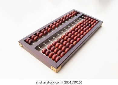 Wooden Chinese Abacus - Suanpan Classic Ancient Calculator Left View On White Background