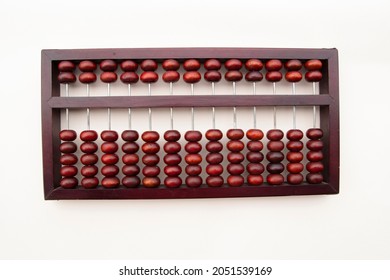 Wooden Chinese Abacus - Suanpan Classic Ancient Calculator Front View On White Background