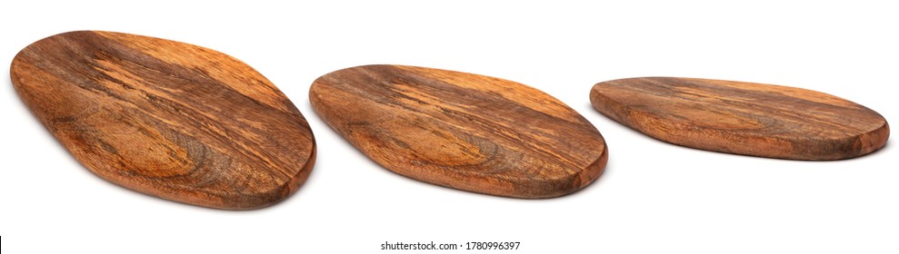 Wooden chopping Board isolated on white. Set of wood Cutting Boards in different angles shots in collage for your design. Kitchen board oval form.