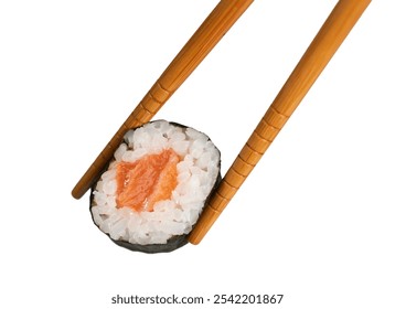 Wooden chopsticks lifting a salmon maki sushi roll isolated on white - Powered by Shutterstock