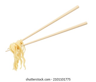 Wooden chopsticks with tasty noodles, isolated on white background