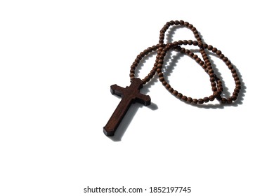 Wooden Christian Cross Necklace Isolation On White Background