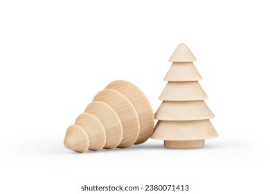 Wooden Christmas Trees in Vintage Style Isolated on White Background with Soft Shadow. Greeting card. - Powered by Shutterstock