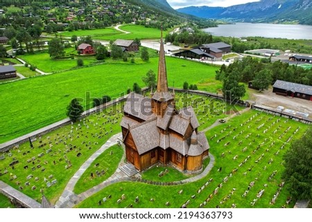 Wooden church in Lom stavkyrkje church in Norway Europe aerial view