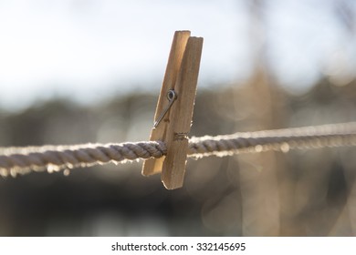 Wooden Clothes Pin On Clothes Line