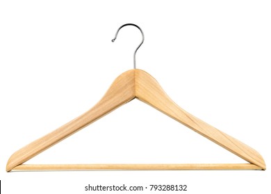 Wooden coat hanger / clothes hanger on a white background. Potential copy space above and inside hanger.