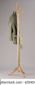 Wooden Coat Rack Or Hall Stand, Isolated On Grey Background.