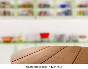 Wooden Coffee Table With Kitchen Background