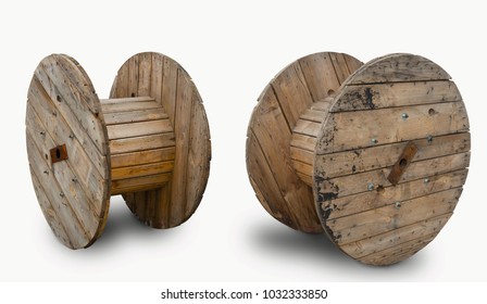 wooden coil for wires. Empty cable reel. Isolated on white background.