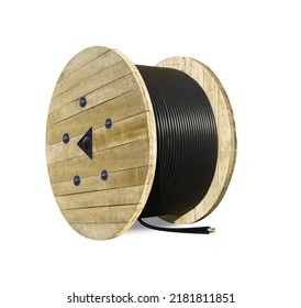 Wooden Coils Of Electric wire Outdoor. High and low voltage cables on white background. Large cable for electrical work. - Powered by Shutterstock