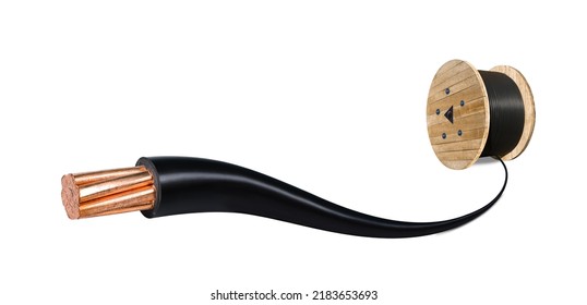 Wooden Coils Of Electric wire Outdoor. High and low voltage cables on white background. Large cable for electrical work. - Shutterstock ID 2183653693