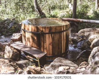 Wooden Cold Plunge Pool In The Forest. Barrel