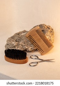 Wooden Comb, Scissors And Brush. Beard Care Kit. Natural