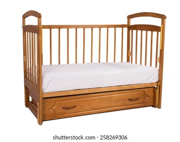 Wooden Cot With Mattress Isolated On White Background