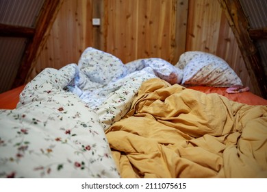 Wooden Cottage Inside, Bedding Unmade.